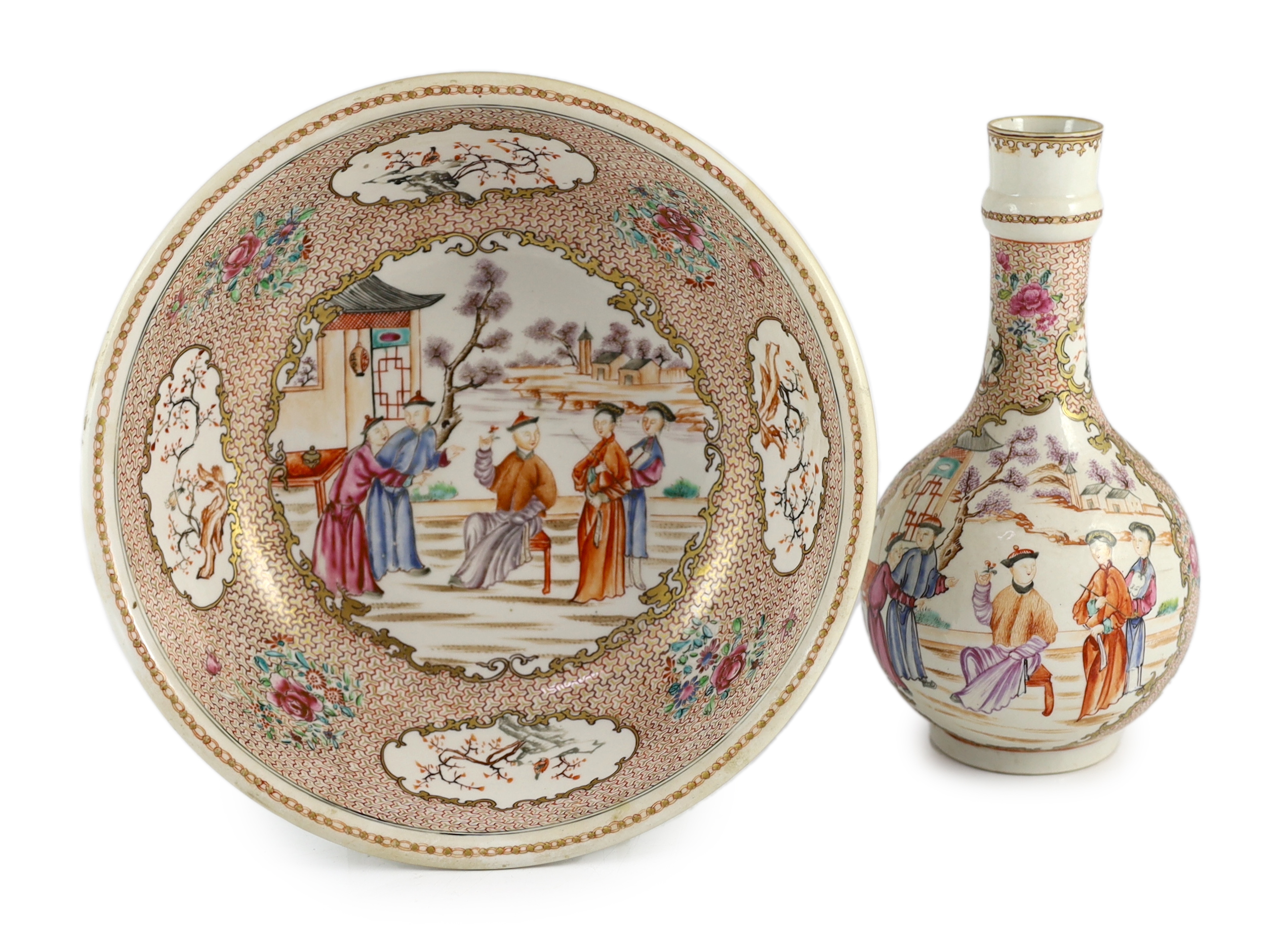 A Chinese enamelled porcelain Mandarin pattern water bottle (guglet) and basin, Qianlong period